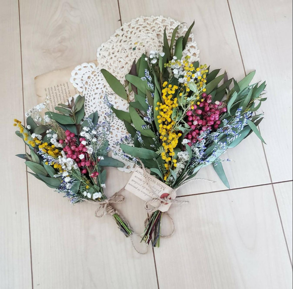 2点setミモザとユーカリのナチュラルドライフラワースワッグ 花束 