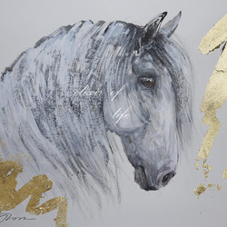 葦毛の馬の横顔２０２２(墨絵、水彩画用紙、34cm×２４ｃｍ、墨、アクリル、金箔) 1枚目の画像