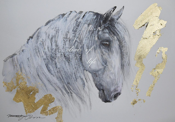 葦毛の馬の横顔２０２２(墨絵、水彩画用紙、34cm×２４ｃｍ、墨、アクリル、金箔) 1枚目の画像