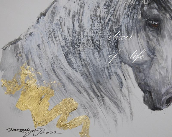 葦毛の馬の横顔２０２２(墨絵、水彩画用紙、34cm×２４ｃｍ、墨、アクリル、金箔) 3枚目の画像