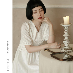 白色 精緻花邊V領鏤空洛麗塔洋裝 日系甜美抽褶腰身連身裙 遮手臂 第11張的照片