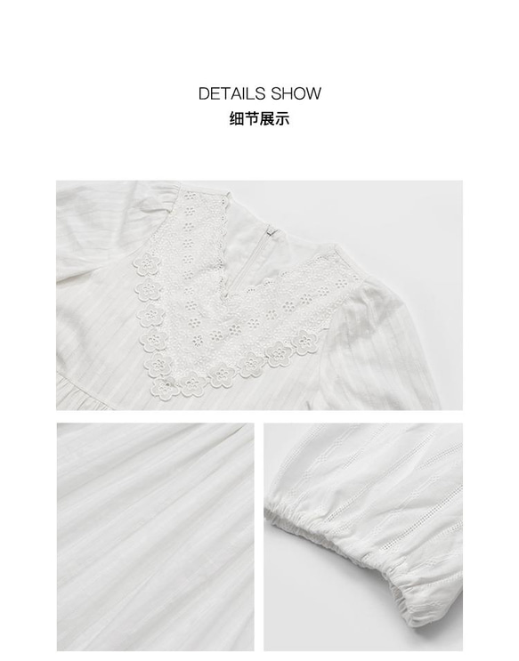 白色 精緻花邊V領鏤空洛麗塔洋裝 日系甜美抽褶腰身連身裙 遮手臂 第3張的照片