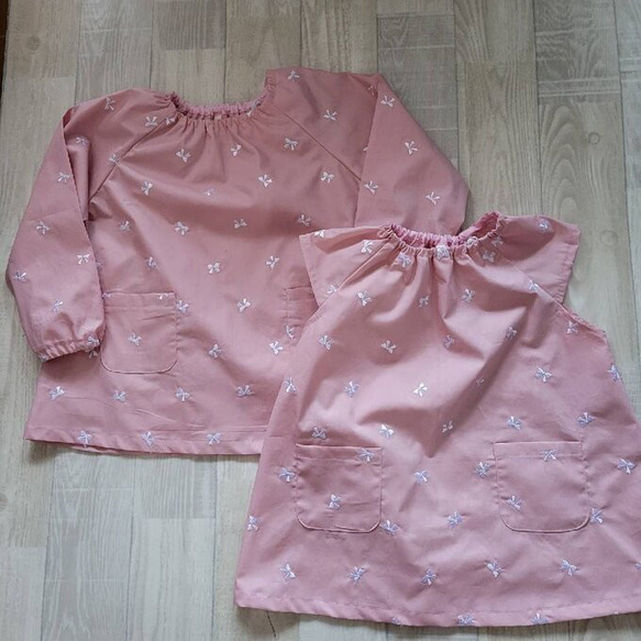 【数量限定価格】80～130size リボン刺繍 ピンク 総柄 長袖スモック 4枚目の画像