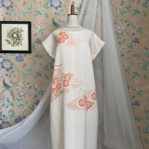 着物リメイクワンピースチュニック明むらさき美しい総絞りストールお花