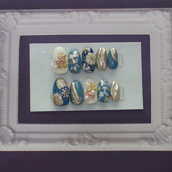 古典菊桜ネイルチップ(くすみ青×白×金×銀箔×パール×ピンクゴールド) 5枚目の画像