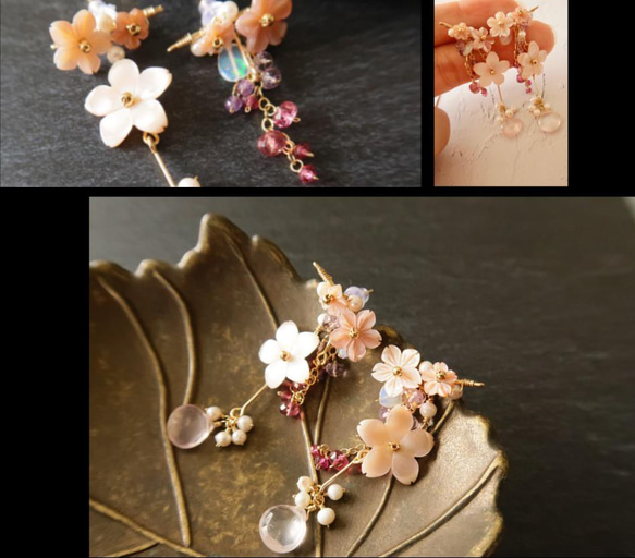 うつろうひととせーSakuraー桜×ローズクォーツ14kgfピアス 10枚目の画像