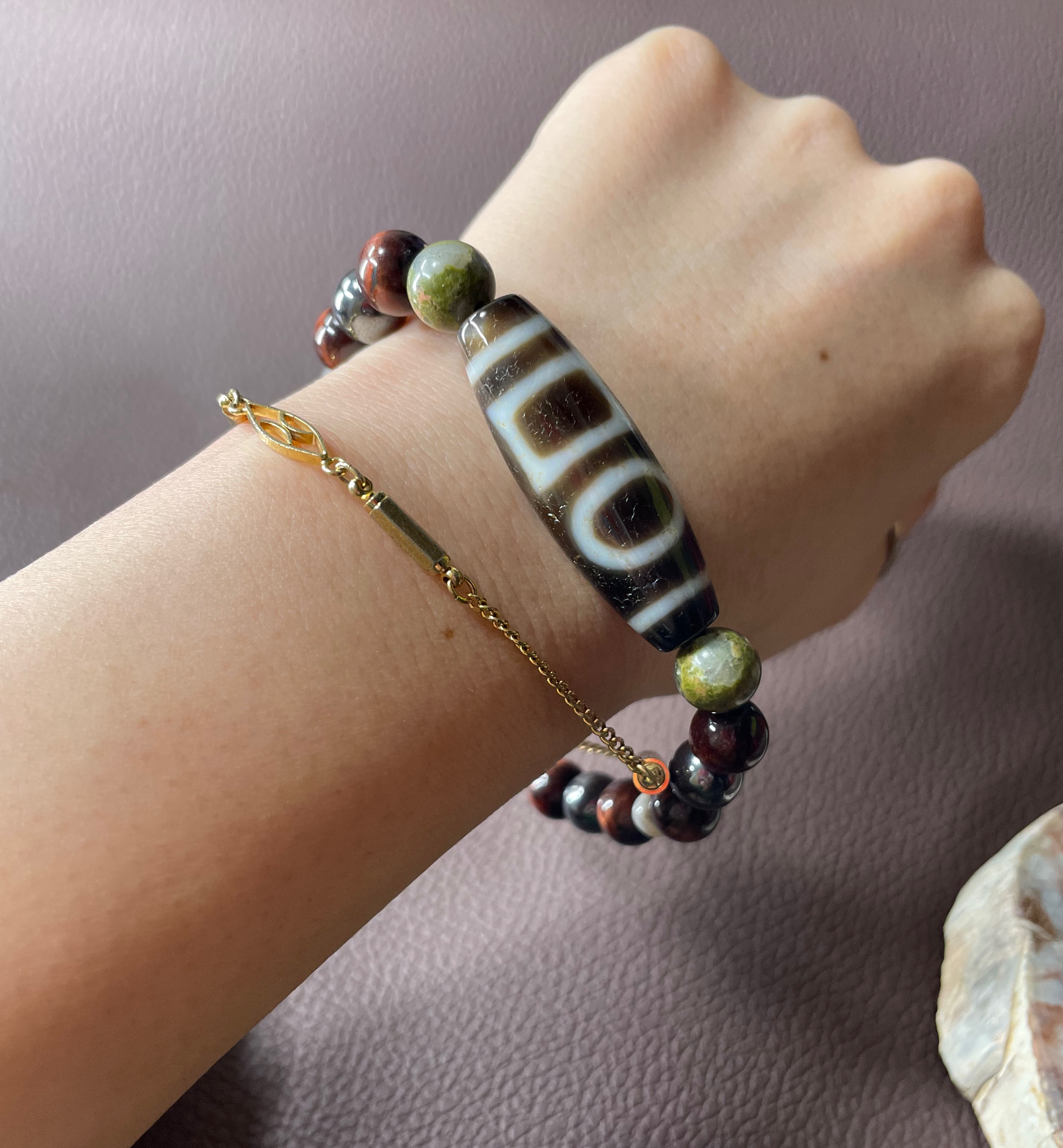 【内径16cm】天地天珠　ユナカイト　レッドタイガーアイ　磁気ヘマタイト　サンゴ　ブレスレット