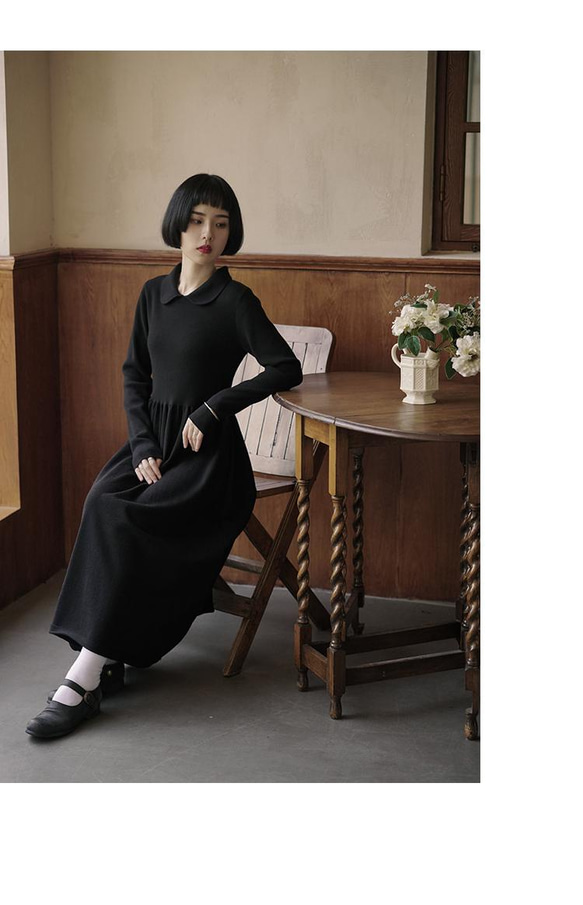 黑色 經典修身高彈力POLO領洋裝 腰部抽褶親膚舒適少女感連身裙 第11張的照片