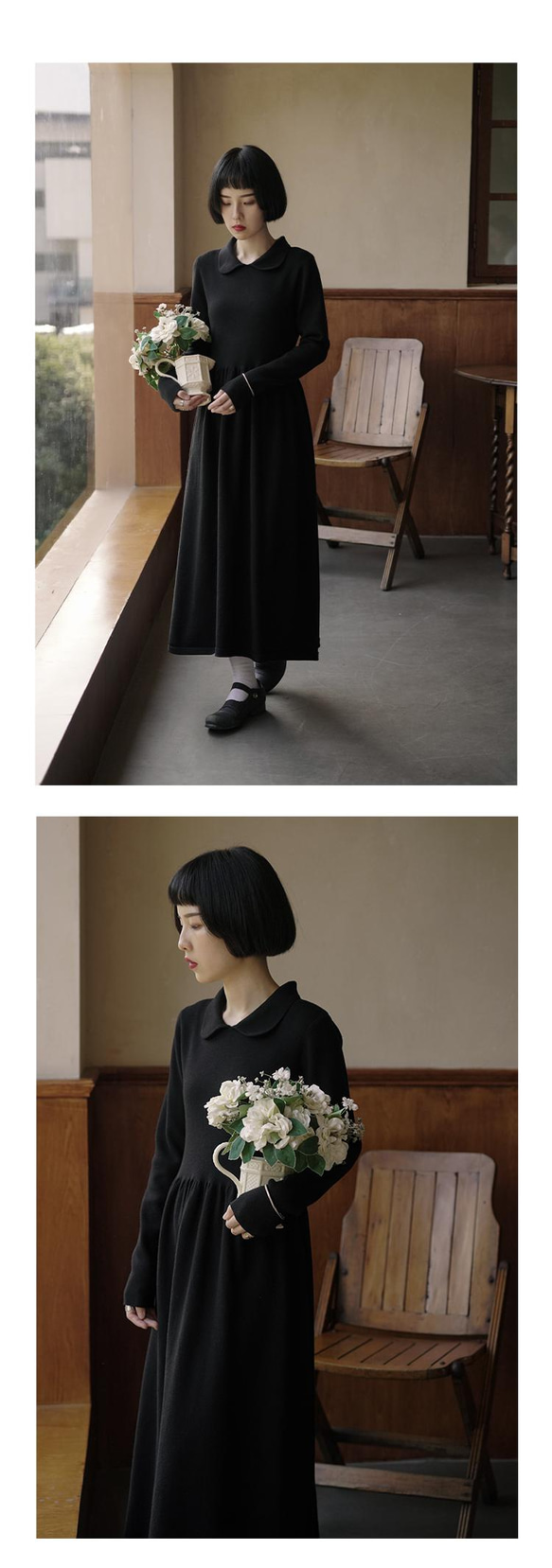 黑色 經典修身高彈力POLO領洋裝 腰部抽褶親膚舒適少女感連身裙 第14張的照片