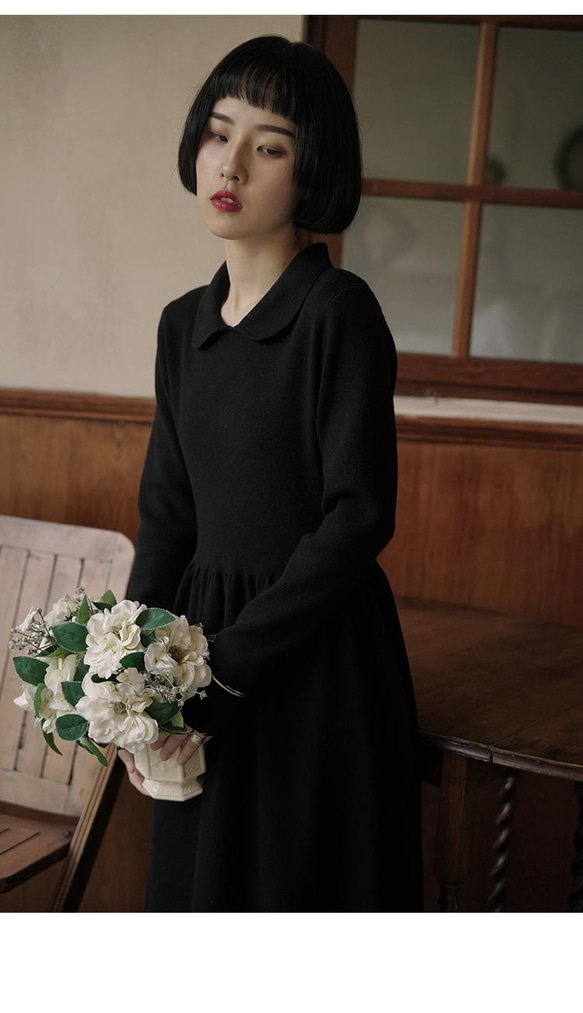 黑色 經典修身高彈力POLO領洋裝 腰部抽褶親膚舒適少女感連身裙 第9張的照片