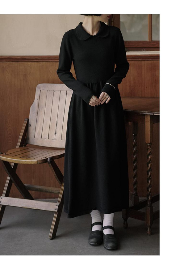 黑色 經典修身高彈力POLO領洋裝 腰部抽褶親膚舒適少女感連身裙 第16張的照片