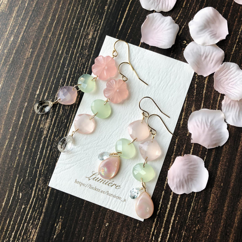 14kgfMOPフラワーカービングピアス/イヤリング 14kgf＊ピンクオニキスのフラワーカービングとクリスタルの