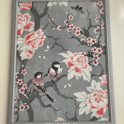 オリジナル 生地額装 ファブリックパネル シノワズリ 鳥 花 額装 絵画