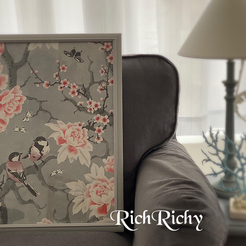 オリジナル 生地額装 ファブリックパネル シノワズリ 鳥 花 額装 絵画