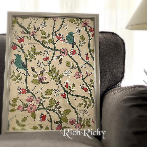 オリジナル 生地額装 ファブリックパネル シノワズリ 鳥 花 額装 絵画