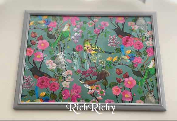 オリジナル 生地額装 ファブリックパネル シノワズリ 鳥 花 額装 絵画