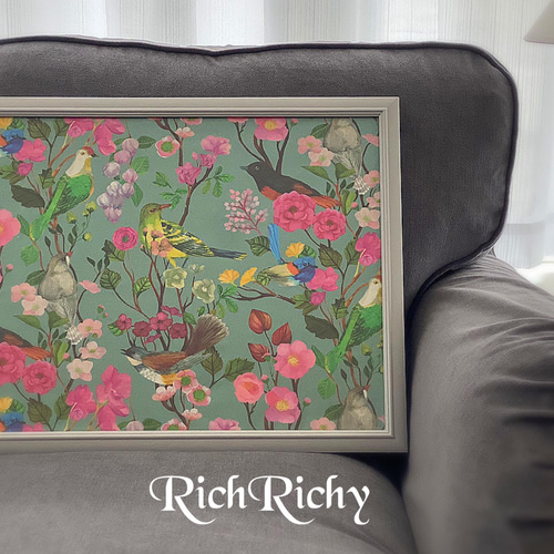 オリジナル 生地額装 ファブリックパネル シノワズリ 鳥 花 額装 絵画