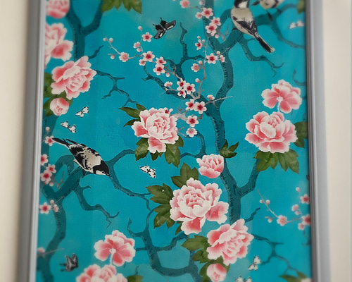 オリジナル 生地額装 ファブリックパネル シノワズリ 鳥 花 額装 絵画