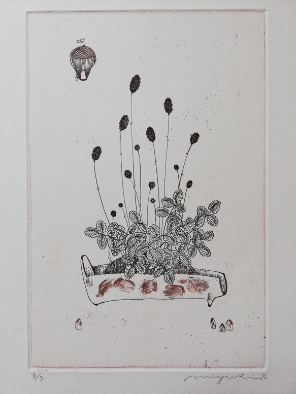 銅版画作品 「ミニ盆栽ーワレモコウー」 1枚目の画像