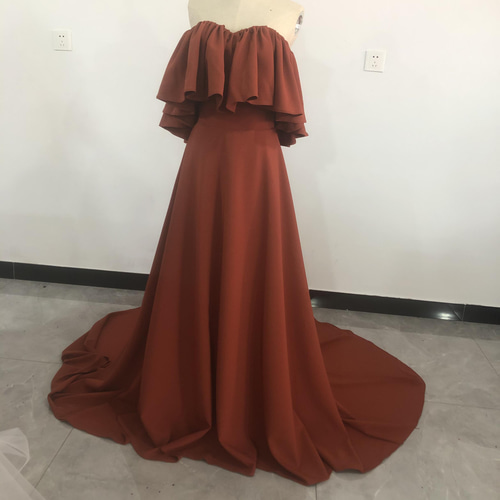 カラードレス テラコッタ オフショルダー ロングトレーン 前撮り/2次会  