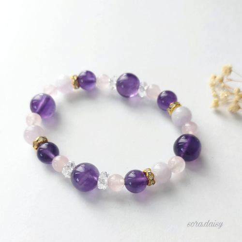 アメジスト・ローズクォーツ・水晶の天然石ブレスレット *2月誕生石