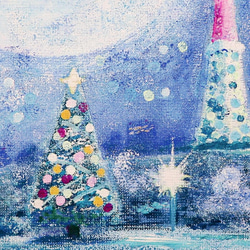 売り切れ▶(クーポン有)雪とTV塔／アクリル画　キャンバス　原画　Ｓ0号　イルミネーション 5枚目の画像