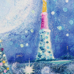 売り切れ▶(クーポン有)雪とTV塔／アクリル画　キャンバス　原画　Ｓ0号　イルミネーション 4枚目の画像