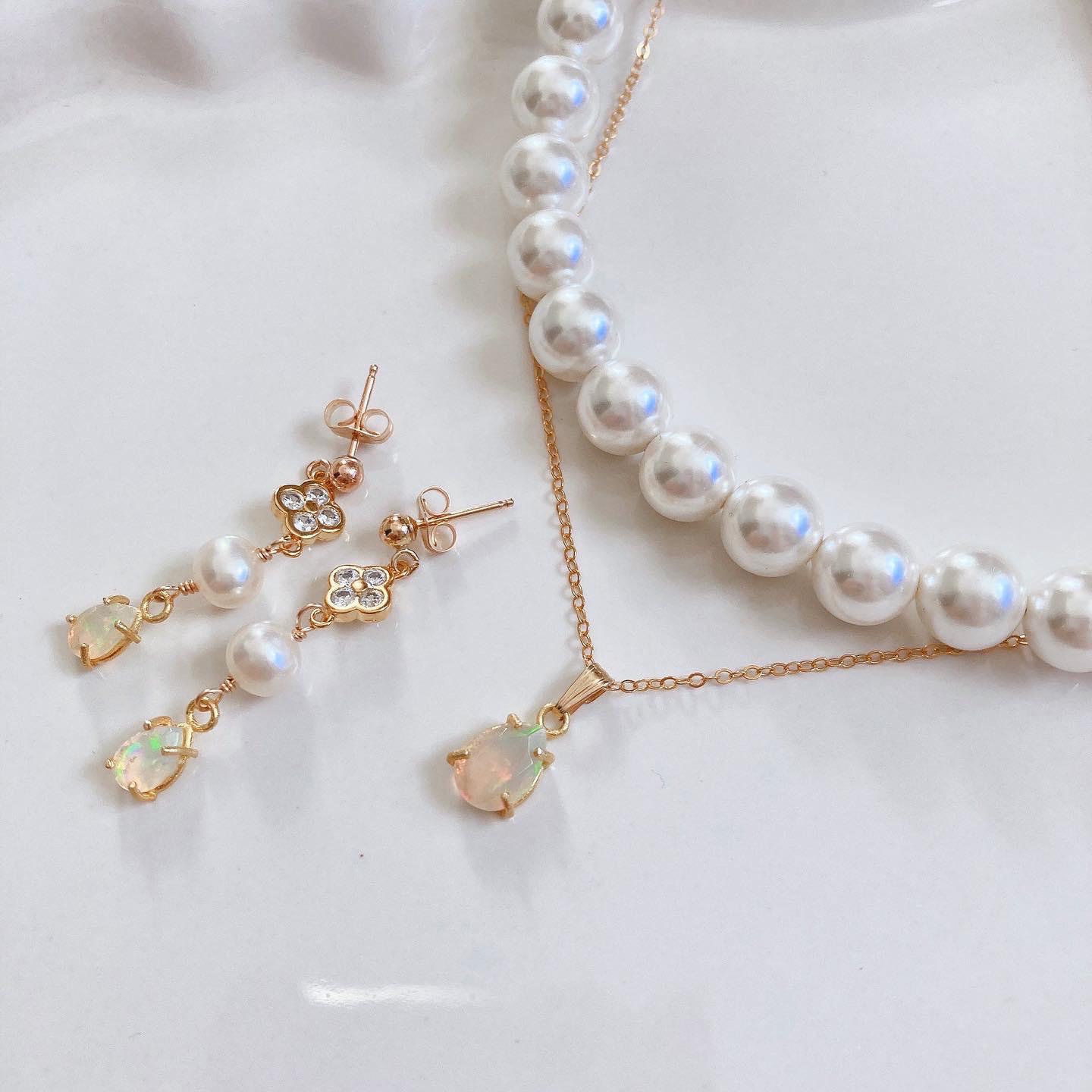 【虹入り】2)宝石質AAAオパールのシンプルネックレス 2点セット・宝石質オパールとパールの2連ネックレス&宝石質