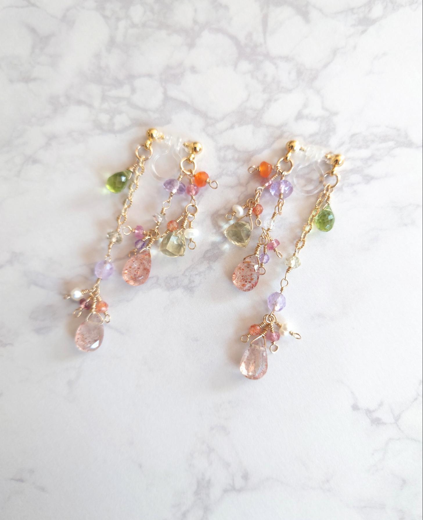 14kgf〜luxe✨マイカ産サンストーンやピンクトルマリンなど爽やか明るい天然石の両カンピアス風イヤリング