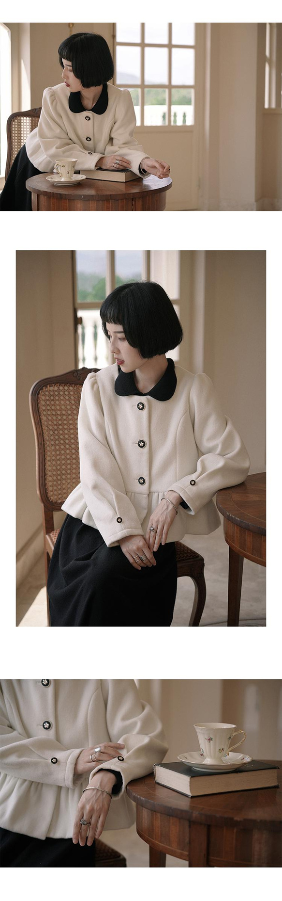 白色 30%羊毛溫柔氣質荷葉邊短大衣 花花少女紐扣款親膚秋冬外套 第11張的照片