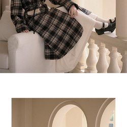 アーストーンチェック柄のウール20%ロングコート、フレンチレトロなコントラストカラーのドールカラー千鳥格子コート 10枚目の画像