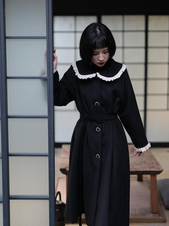 ブラック30％レトロウールドールレースカラーコートレトロ