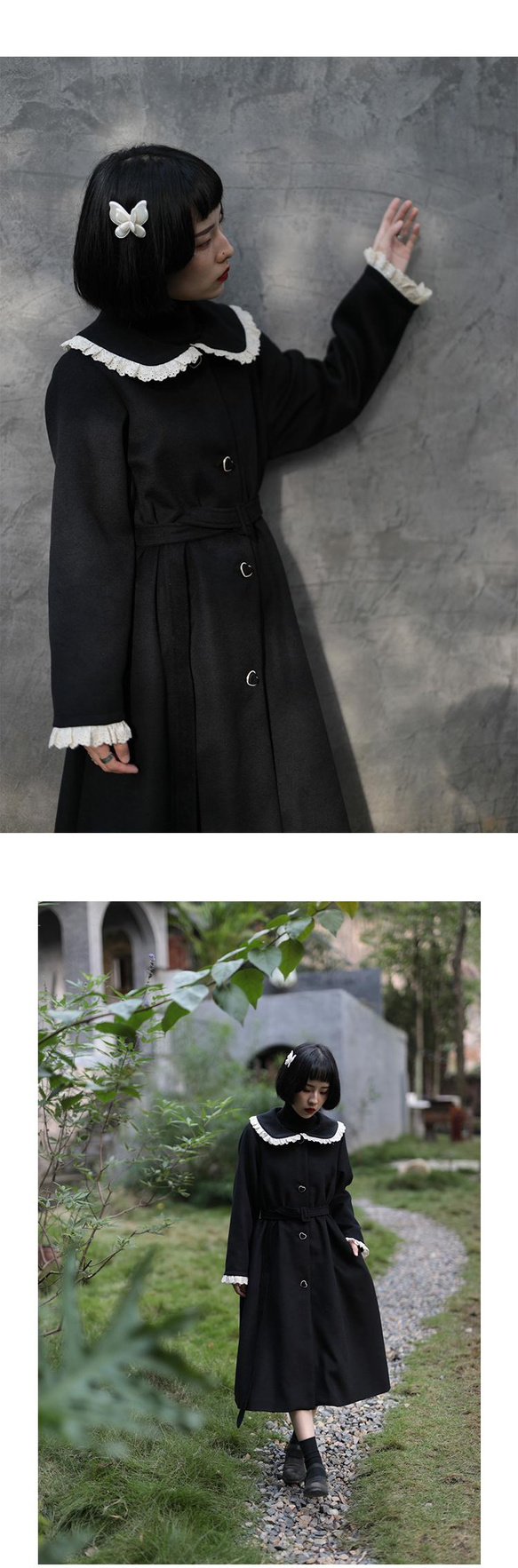 黑色 30%復古羊毛呢娃娃花邊領大衣 復古日系廓形長款少女外套 第10張的照片