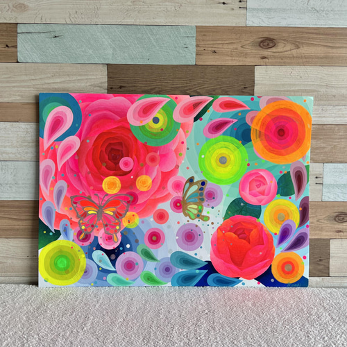 No.8 ピンクの花と蝶々』癒やしとグラデーションのアクリル画