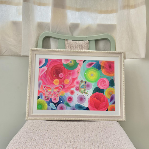 No.8 ピンクの花と蝶々』癒やしとグラデーションのアクリル画