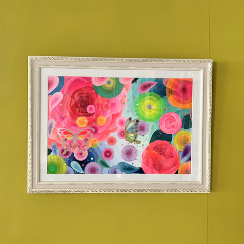 No.8 ピンクの花と蝶々』癒やしとグラデーションのアクリル画