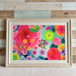 No.8 ピンクの花と蝶々』癒やしとグラデーションのアクリル画
