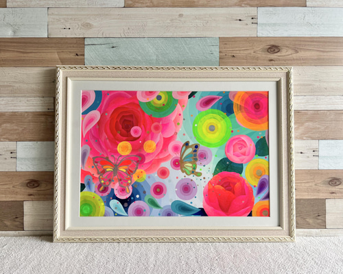 〈額装済み原画〉ピンクの花々／アクリル画　手描き　インテリア　アート 額装済み原画〉ピンクの花々／アクリル画 手描き インテリア