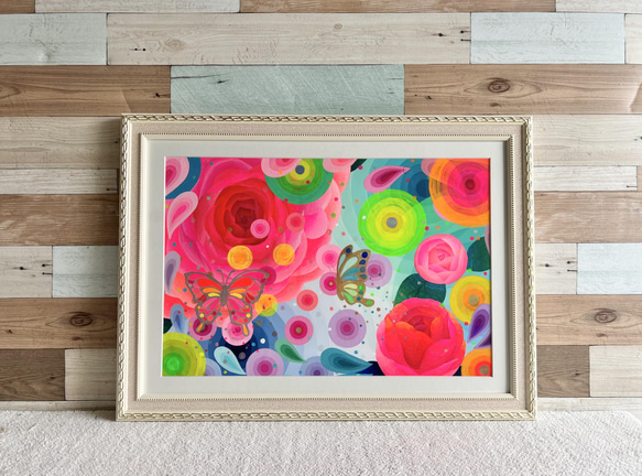 No.8 ピンクの花と蝶々』癒やしとグラデーションのアクリル画
