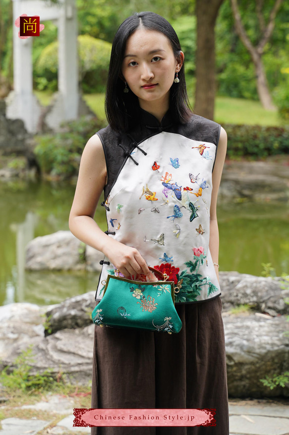手作りチャイナドレス ブラウス 女性 ファッショナブルな刺繍 袖なし ピュアシルク製 オールハンドメイド一枚のみ#104 3枚目の画像