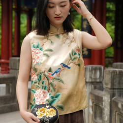 手作りチャイナドレス ブラウス 女性 ファッショナブルな刺繍 袖なし ピュアシルク製 オールハンドメイド一枚のみ#105 4枚目の画像