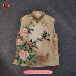 手作りチャイナドレス ブラウス 女性 ファッショナブルな刺繍 袖なし ピュアシルク製 オールハンドメイド一枚のみ#105 6枚目の画像