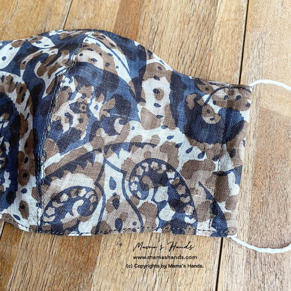イタリア製 ペイズリー 花柄 紺 x 茶色 大人用 立体型 エコ 布マスク 2枚目の画像