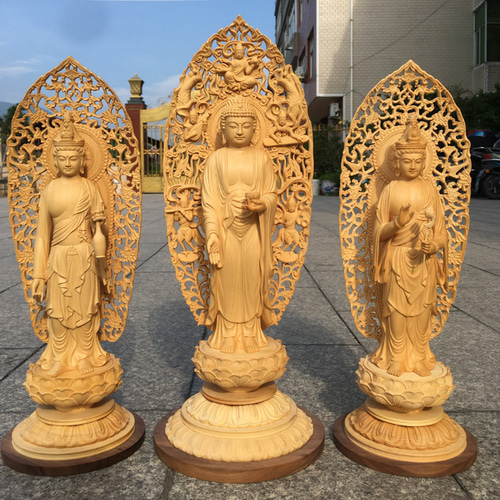 極上彫 木彫 仏像 三聖仏で 木製 彫刻 仏教工芸品 美術品 装飾品 置物