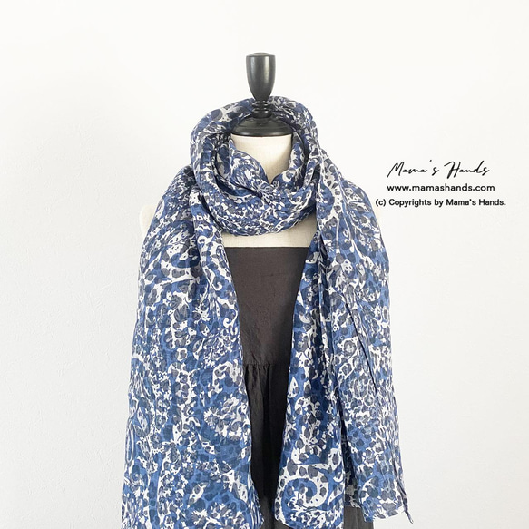 残少⭐️5点売れました⭐️大きめ イタリア製 リネン ペイズリー 青 x グレー 軽い 春 夏 秋 スカーフ ストール 8枚目の画像