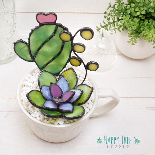 ステンドグラス 多肉植物 サボテン 寄せ植え 置物 母の日 ギフトにも
