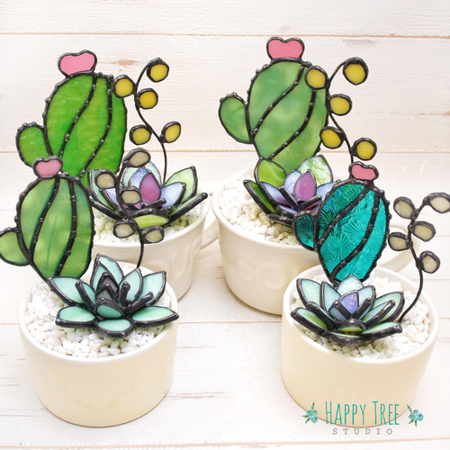 ステンドグラス 多肉植物 サボテン 寄せ植え 置物 母の日 ギフトにも