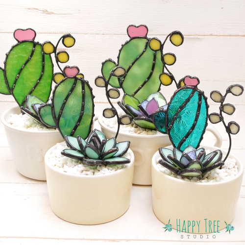 サボテン①    ステンドグラスの多肉ポット　お正月飾り サボテン① ステンドグラスの多肉ポットお正月飾り サボテン①