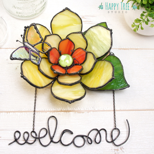 ステンドグラス 立体お花と蝶の壁飾り 置物 大人可愛い 紫