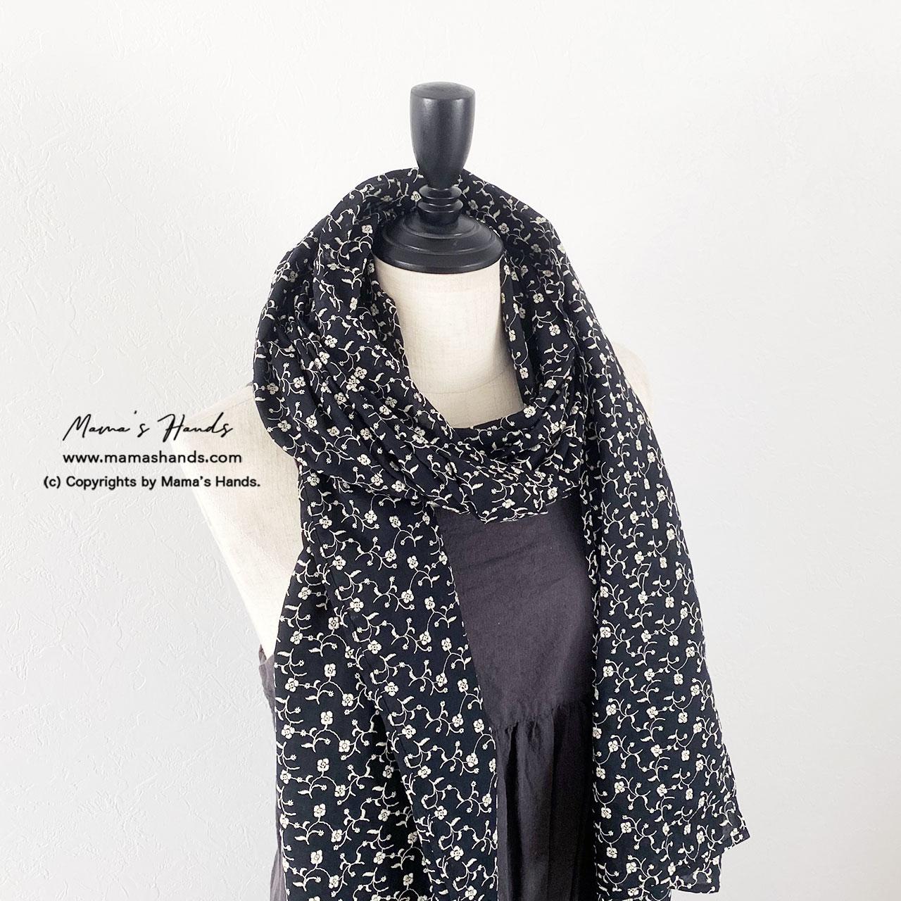 (掲載作品) ⭐️4点売れました⭐️ おしゃれな 刺繍 黒 白花 綿100% ナチュラル フォーマル ストール